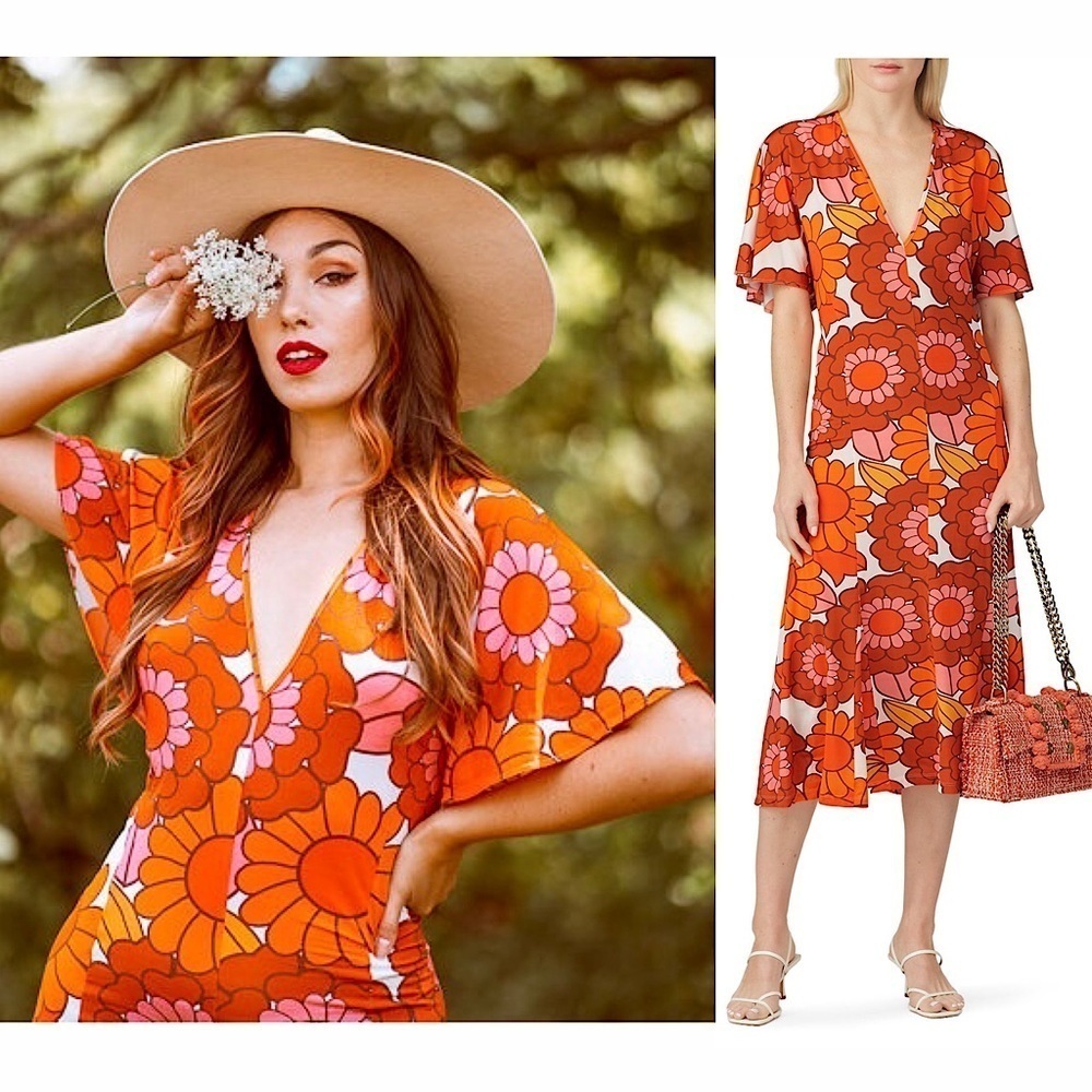 DODO BAR‎ OR 70s Floral Jersey Flutter Short Sleeve Plunge V-Neck Midi Dress S